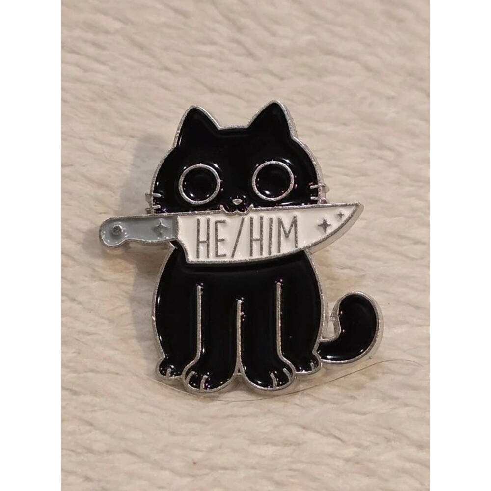 Black Cat Pronoun He/Him Enamel Pin LGBTQ Pride Lapel Pin Kawaii Cat